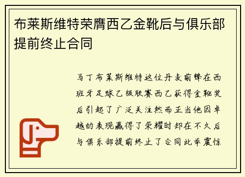 布莱斯维特荣膺西乙金靴后与俱乐部提前终止合同